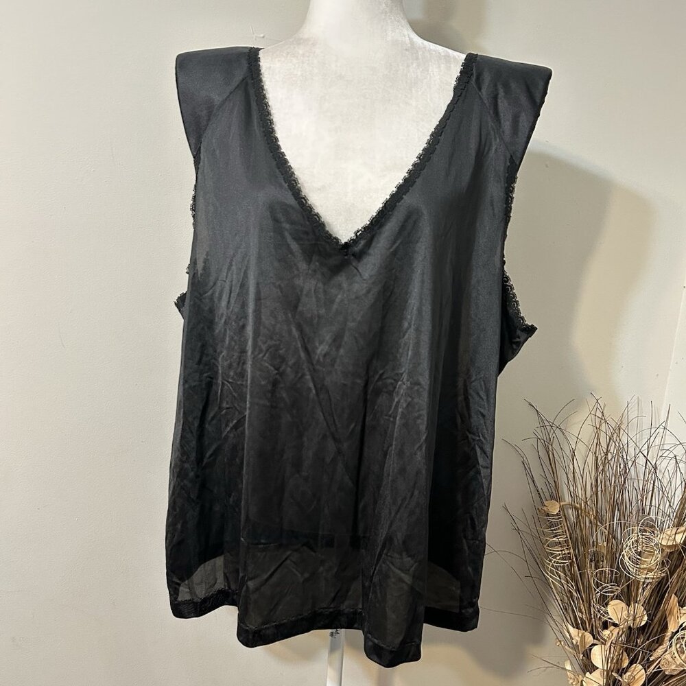 Vtg Jenelle Of California Lingerie Black Padded Shoulder Tank Top Lace Sz 4X USA